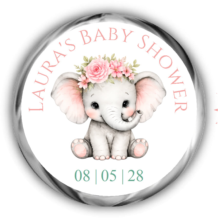A round custom baby shower sticker featuring a cute cartoon baby elephant wearing a pink rose flower crown.