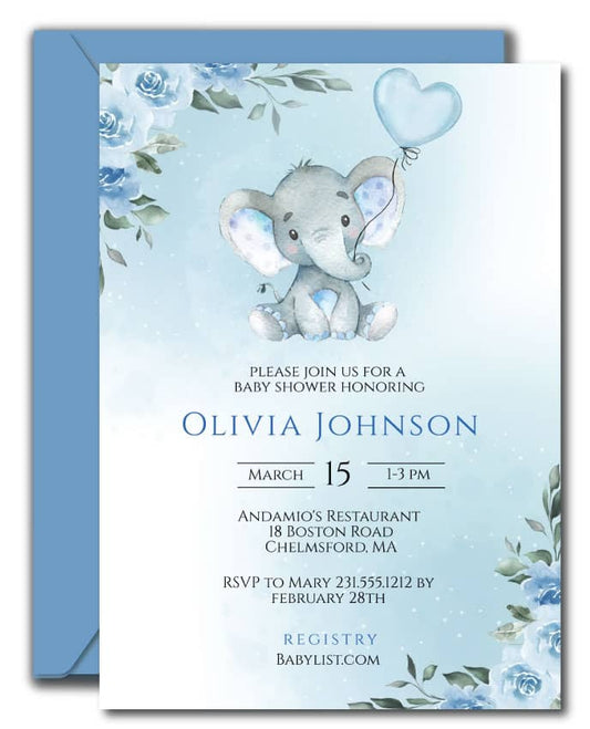 Blue Elephant Baby Shower Invitations