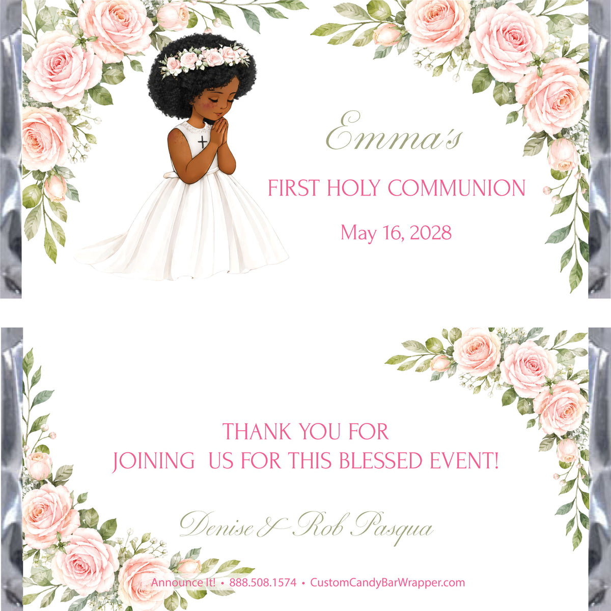 A custom candy bar wrapper design featuring a watercolor illustration of a young girl with curly hair and dark tan skin in a white dress with a floral crown, surrounded by pink roses and green leaves.
