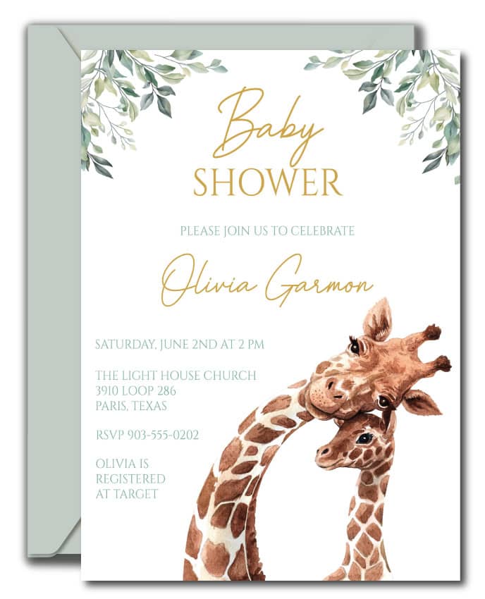 Giraffe Baby Shower Blank Invitations With Envelopes, 20-Count