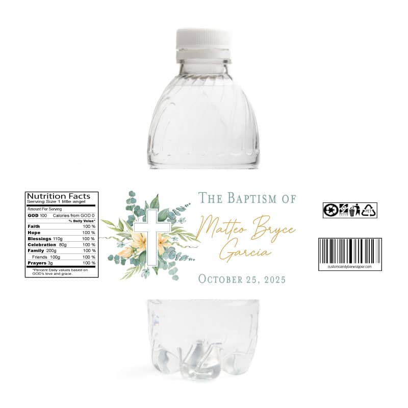 Greenery Cross Baptism Water Bottle Labels