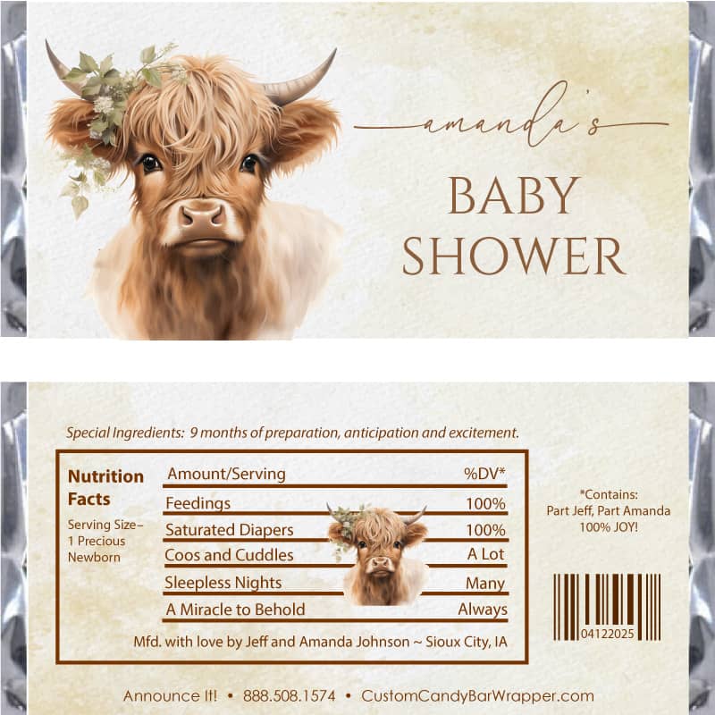 Highland Cow Baby Shower Candy Bar Wrappers