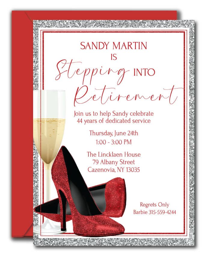 Red Glitter Shoes Retirement Invitations