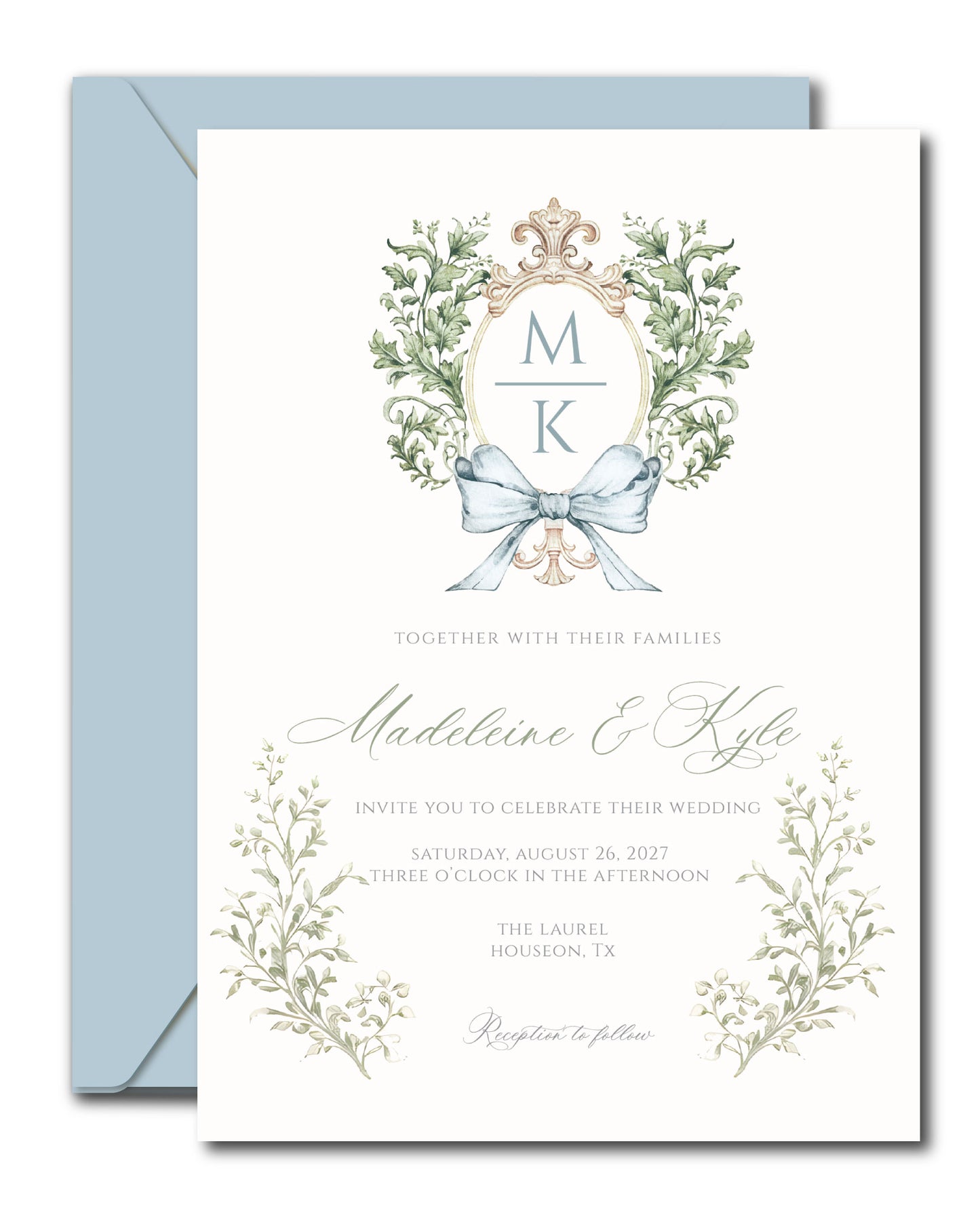 Wedding invitation card with decorative elements and envelope