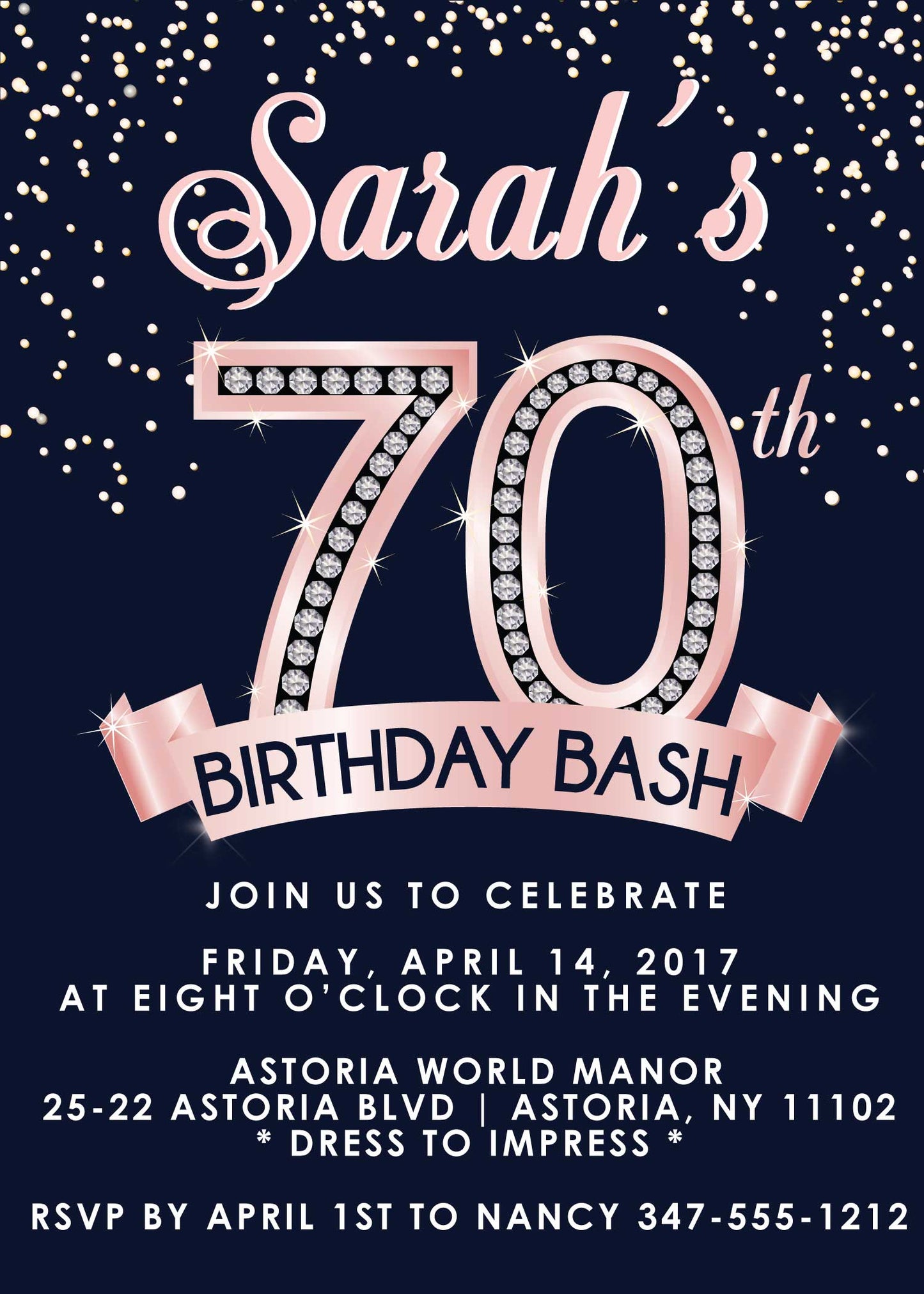 Diamond 70th Birthday Invitation - Rose Gold