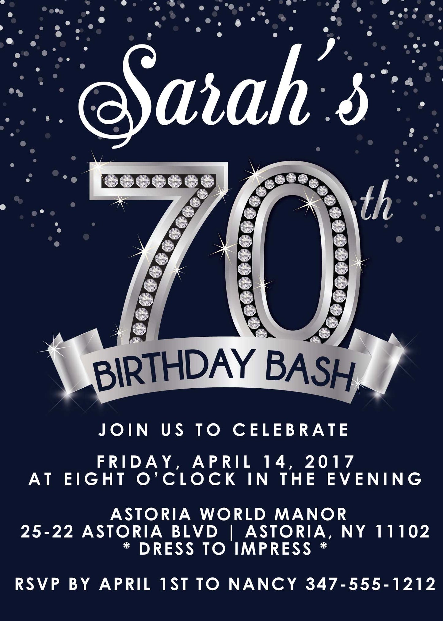 Diamond 70th Birthday Invitation - Silver