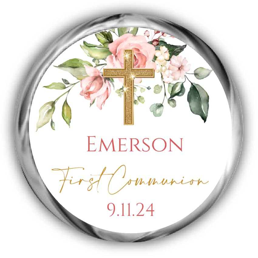 Personalized floral Baby girl gold cross baptism Classic Round Sticker Personalized floral Baby girl gold cross baptism Classic Round Sticker