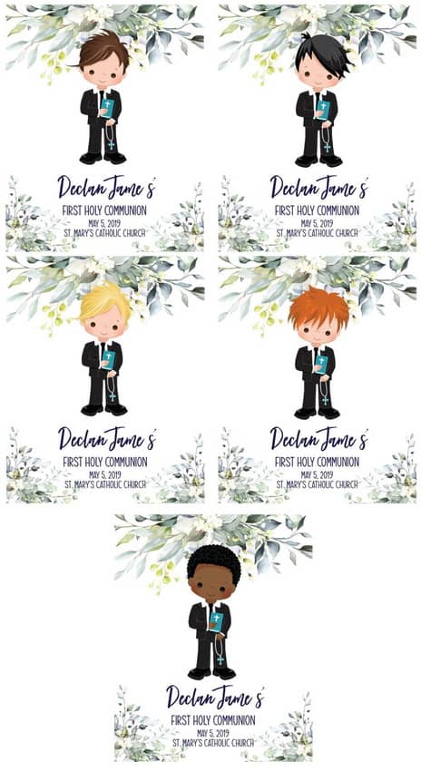 Boy Communion Wine Labels, Various Hair Color Options