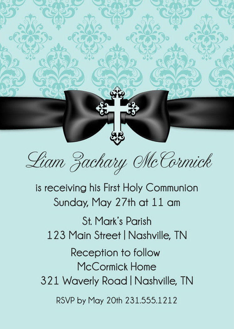 Damask Ribbon First Communion Invitations
