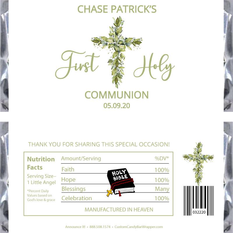 Greenery Cross First Communion Candy Bar Wrapper