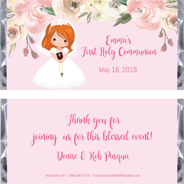 Girl First Communion Candy Bar Wrapper - Red Hair