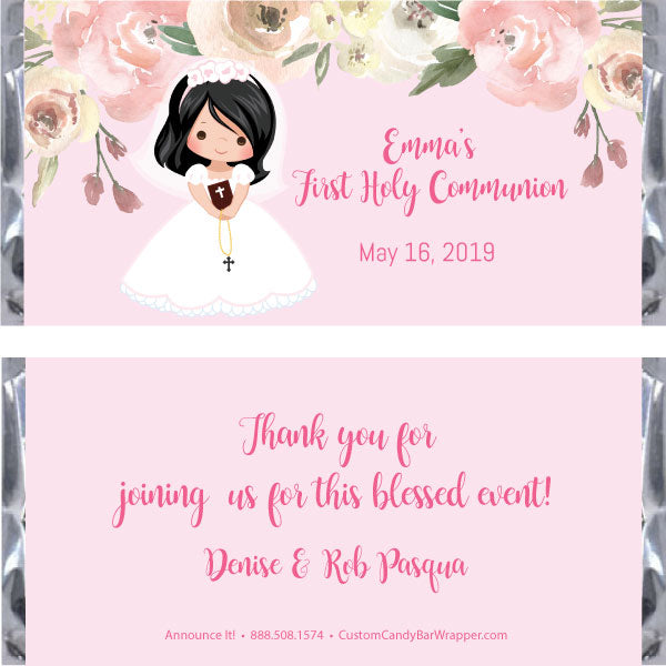 Girl First Communion Candy Bar Wrapper - Black Hair