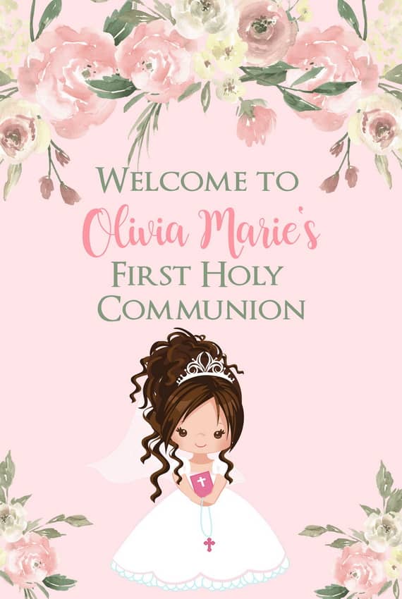 Girl First Communion Welcome Sign - Brunette Updo