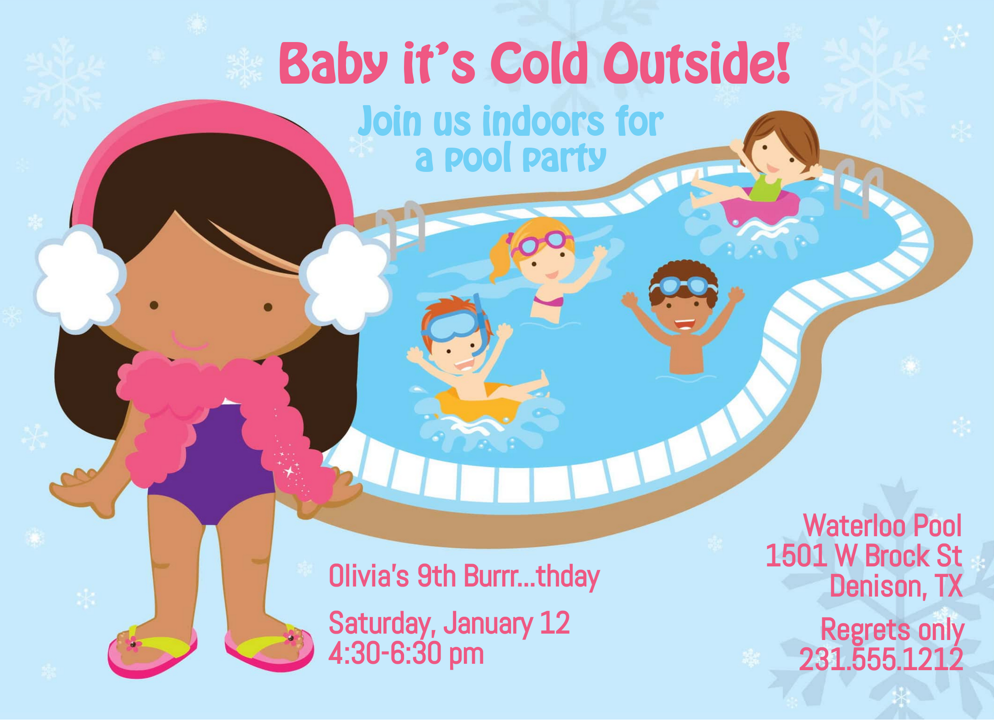 Girls Indoor Pool Party Birthday Invitation - Tan