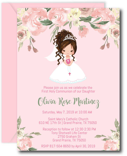 Floral Girl First Communion Invitations