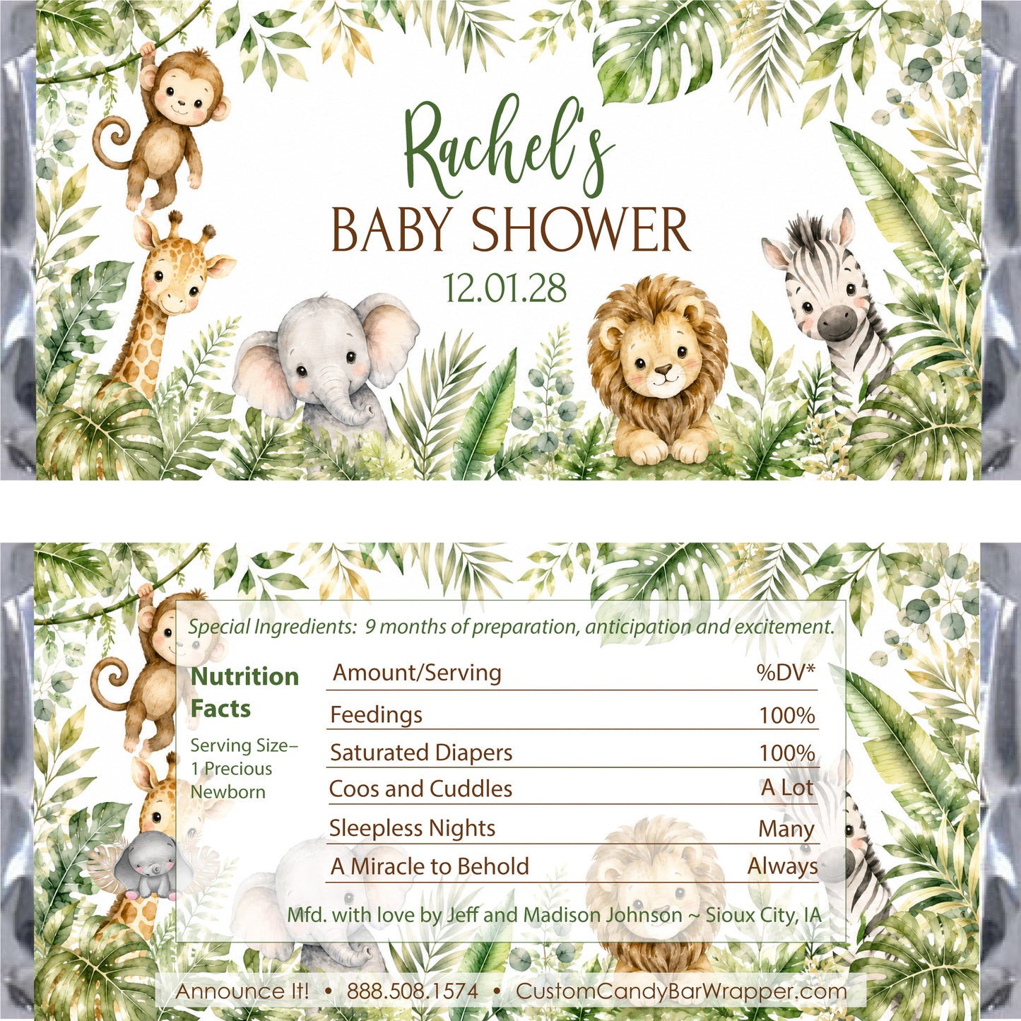 Custom baby shower invitation and matching wrapper design featuring watercolor illustrations of a lion, elephant, giraffe, zebra, and monkey surrounded by tropical leaves.