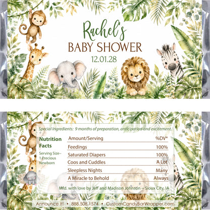 Custom baby shower invitation and matching wrapper design featuring watercolor illustrations of a lion, elephant, giraffe, zebra, and monkey surrounded by tropical leaves.