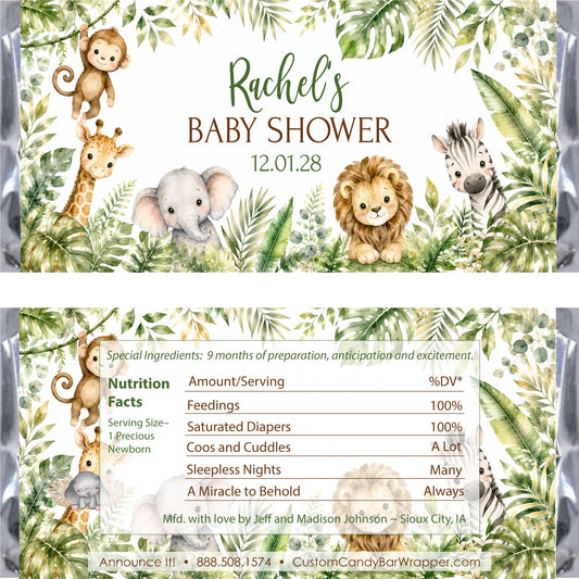 Custom baby shower invitation and matching wrapper design featuring watercolor illustrations of a lion, elephant, giraffe, zebra, and monkey surrounded by tropical leaves.