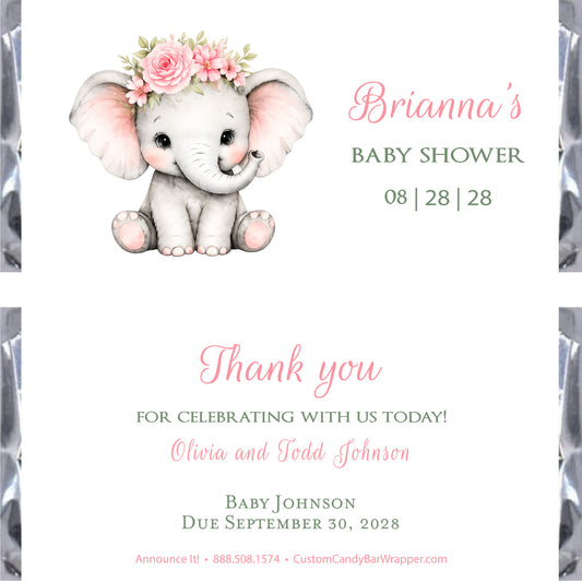Elephant baby shower candy bar wrappers, pink 