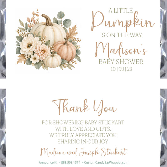A fall-themed baby shower candy wrapper with a watercolor pumpkin and floral illustration on the left, elegant script text on the right.