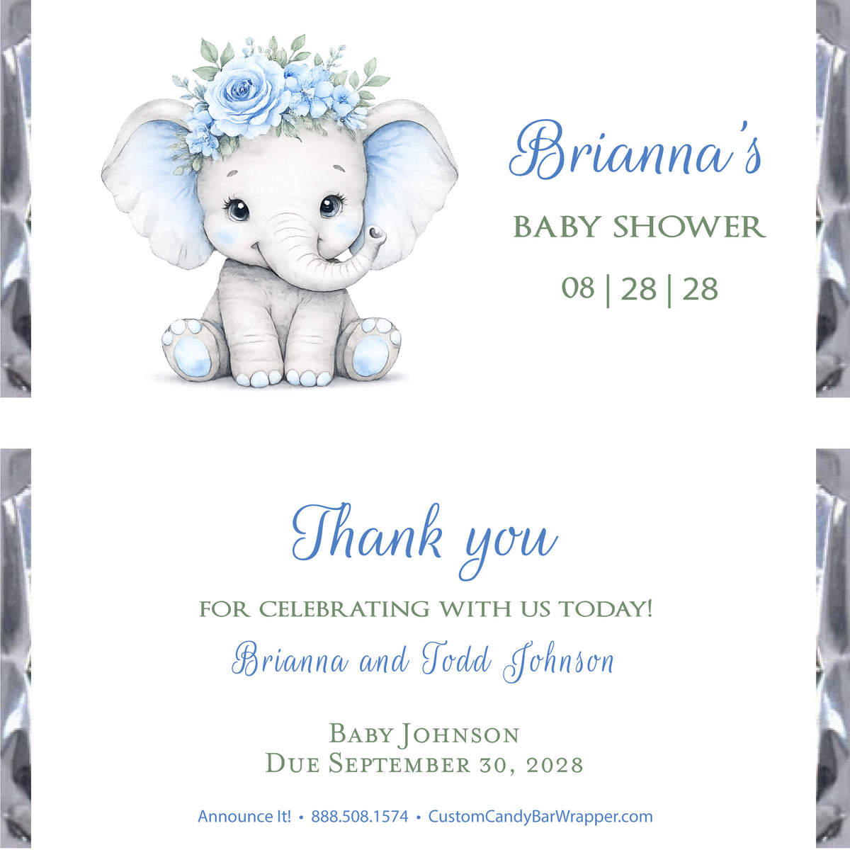 Elephant baby shower candy bar wrappers, blue