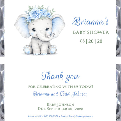 Elephant baby shower candy bar wrappers, blue