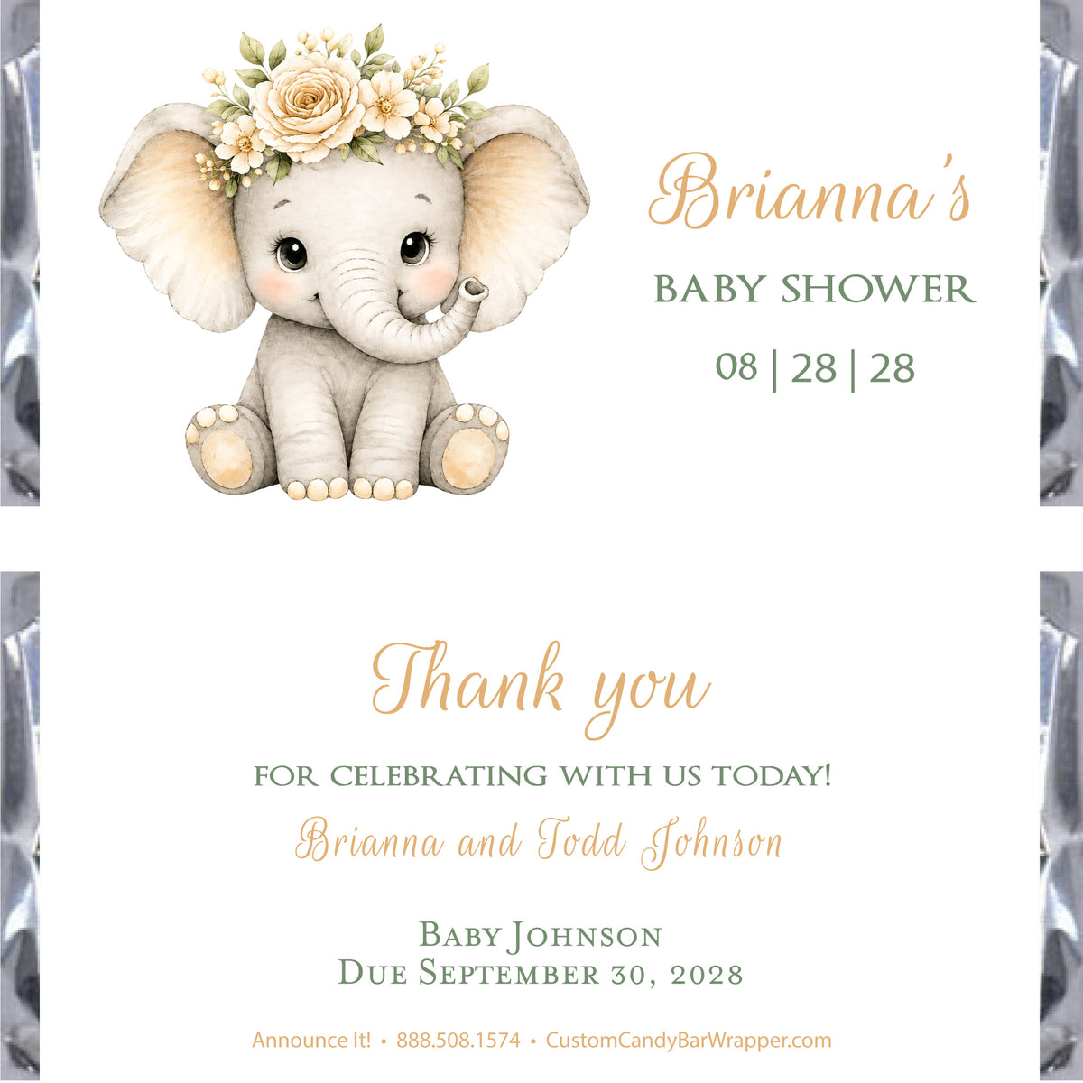 Elephant baby shower candy bar wrappers, neutral