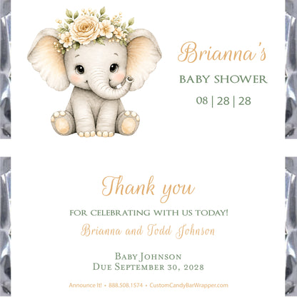 Elephant baby shower candy bar wrappers, neutral