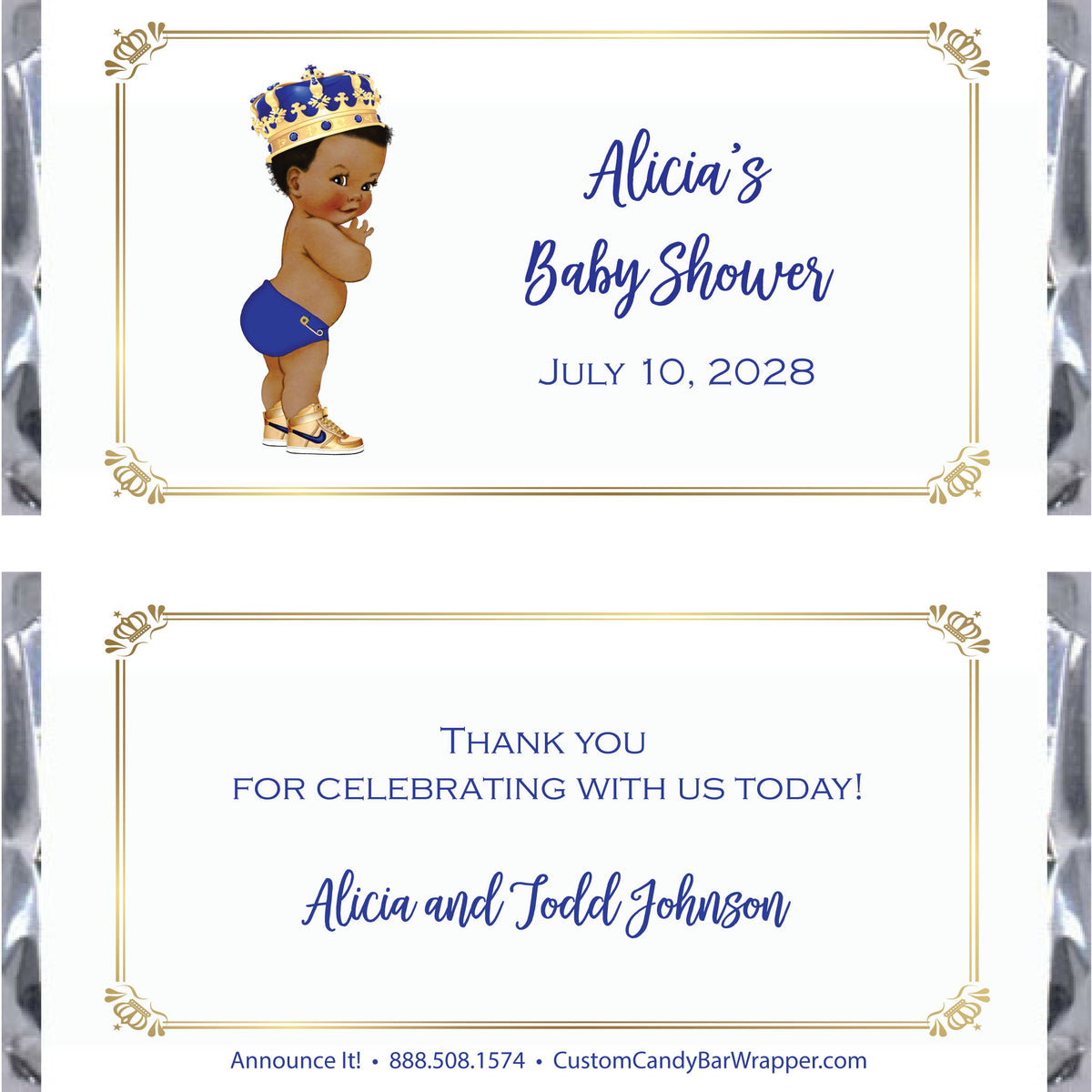 Customizable baby shower candy bar wrapper design shown in front and back views. The front features a cartoon baby wearing a blue and gold crown, blue diaper, and gold shoes'.