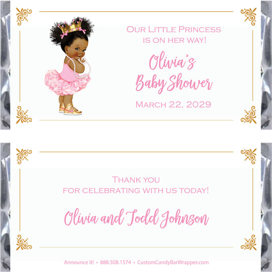 Custom baby shower candy bar wrappers featuring a cartoon illustration of a young girl princess in a pink tutu and gold crown, with elegant gold corner flourishes and pink text on a white background.