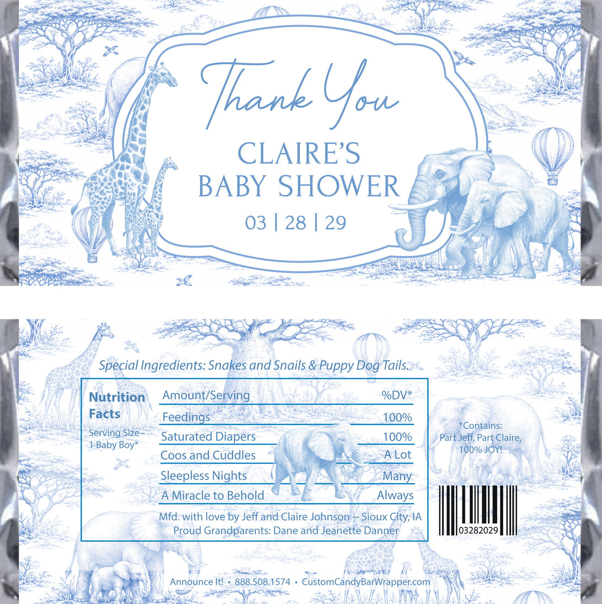 safari toile baby shower candy bar wrappers