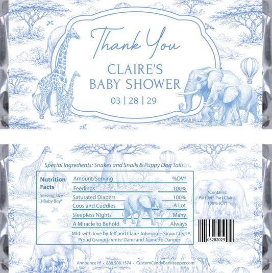 safari toile baby shower candy bar wrappers