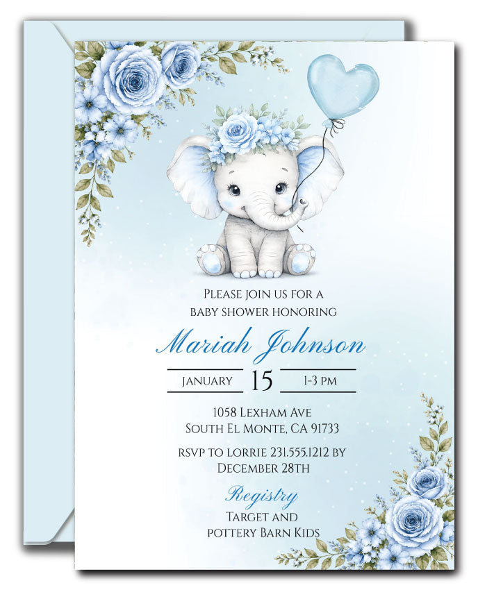 A baby shower invitation card featuring a watercolor-style baby elephant wearing a floral crown and holding a blue heart balloon, with blue roses and green foliage in the corners. The card includes a light blue envelope behind it on a white background.