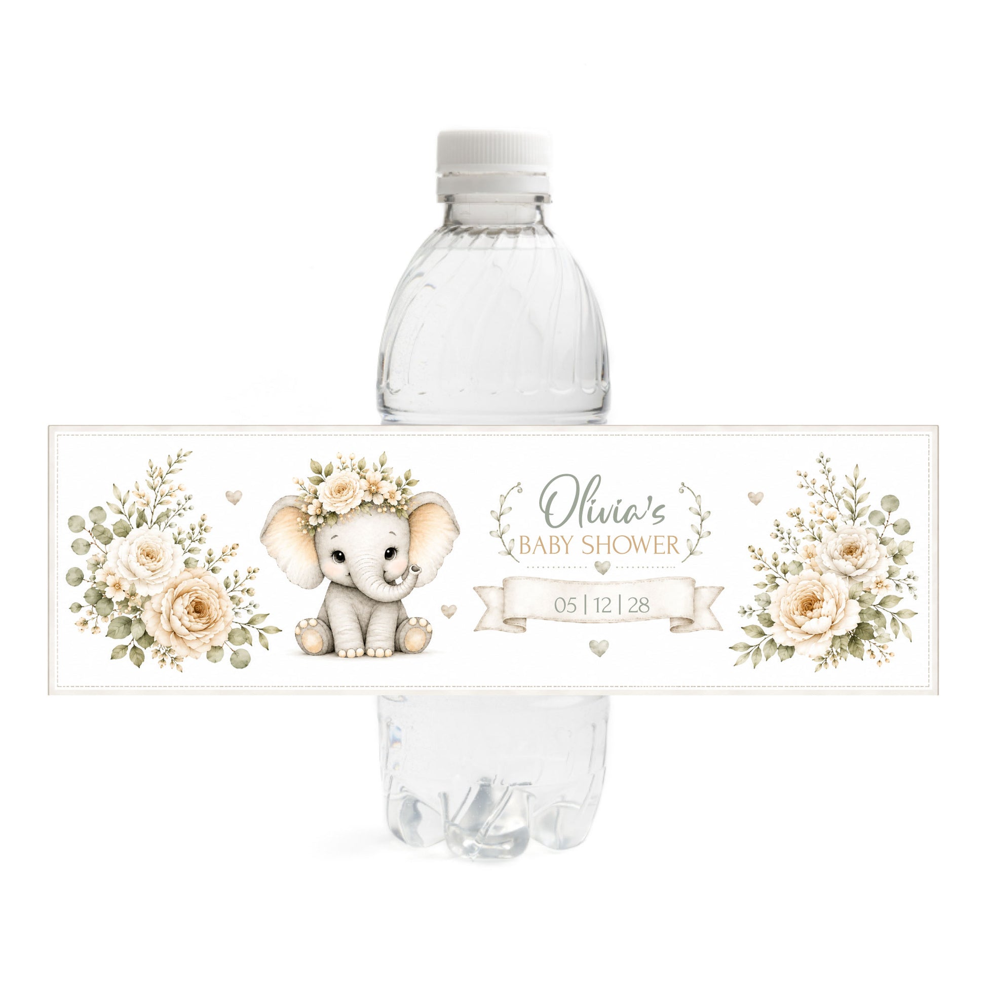 A clear plastic water bottle centered with a decorative wrap label. The label features a watercolor elephant wearing a floral crown, soft cream and beige flowers, green leaves.