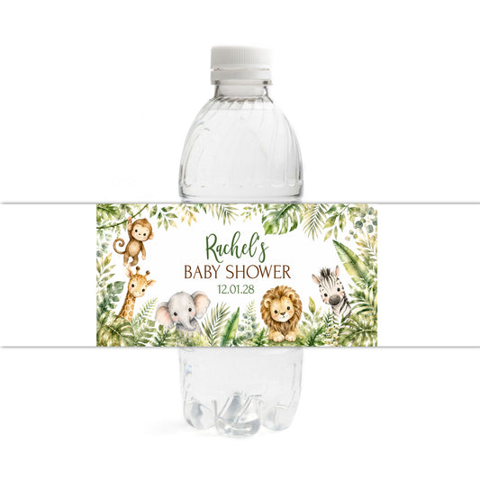 A clear plastic water bottle with a white cap and a decorative safari-themed label.