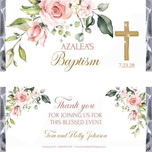 Custom baptism candy bar wrapper design featuring watercolor pink roses, green leaves, and a gold cross on a white background.