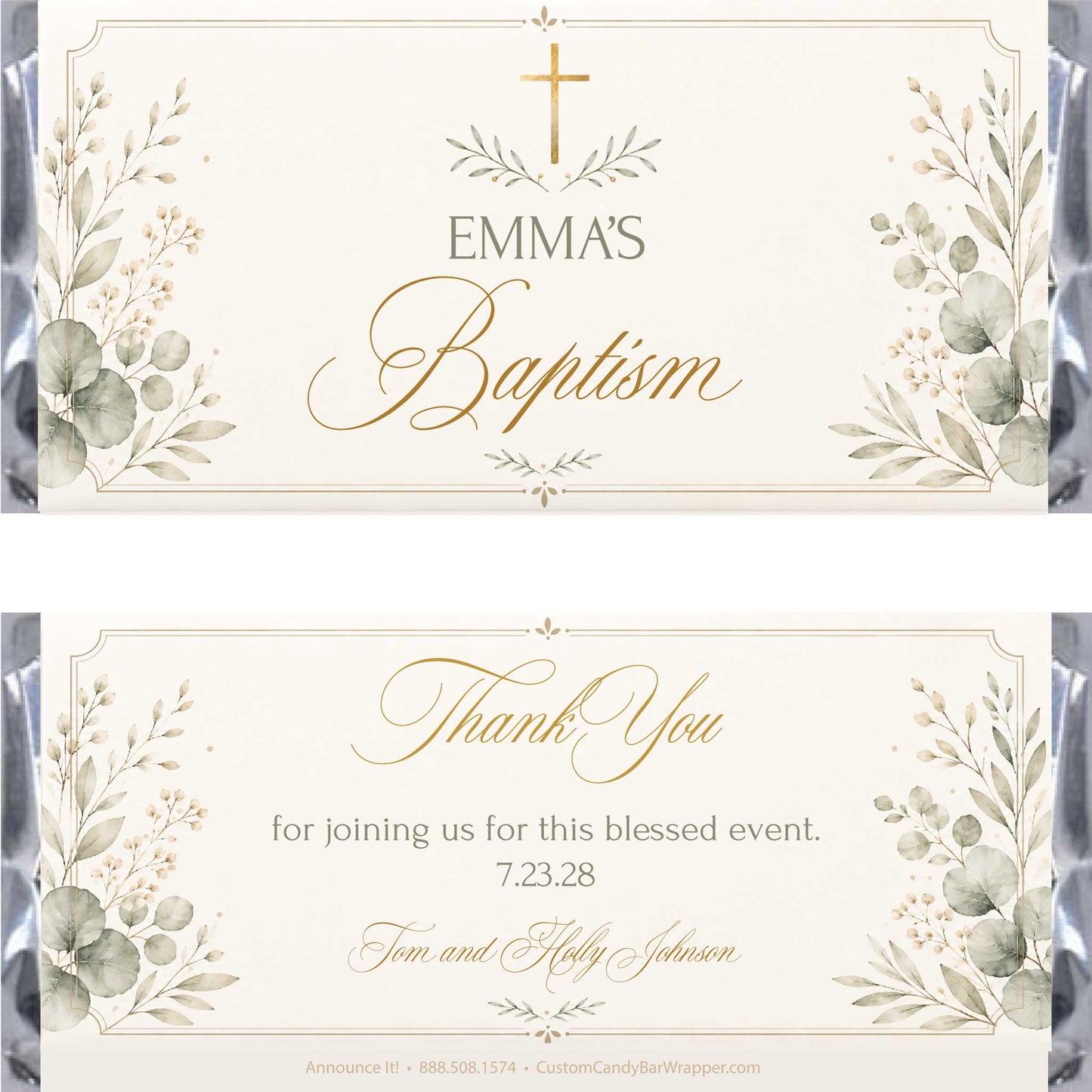 Front and back views of a personalized baptism candy wrapper. The cream-colored wrapper features elegant gold cursive text, a gold cross, and watercolor-style green and gray botanical illustrations on the sides.