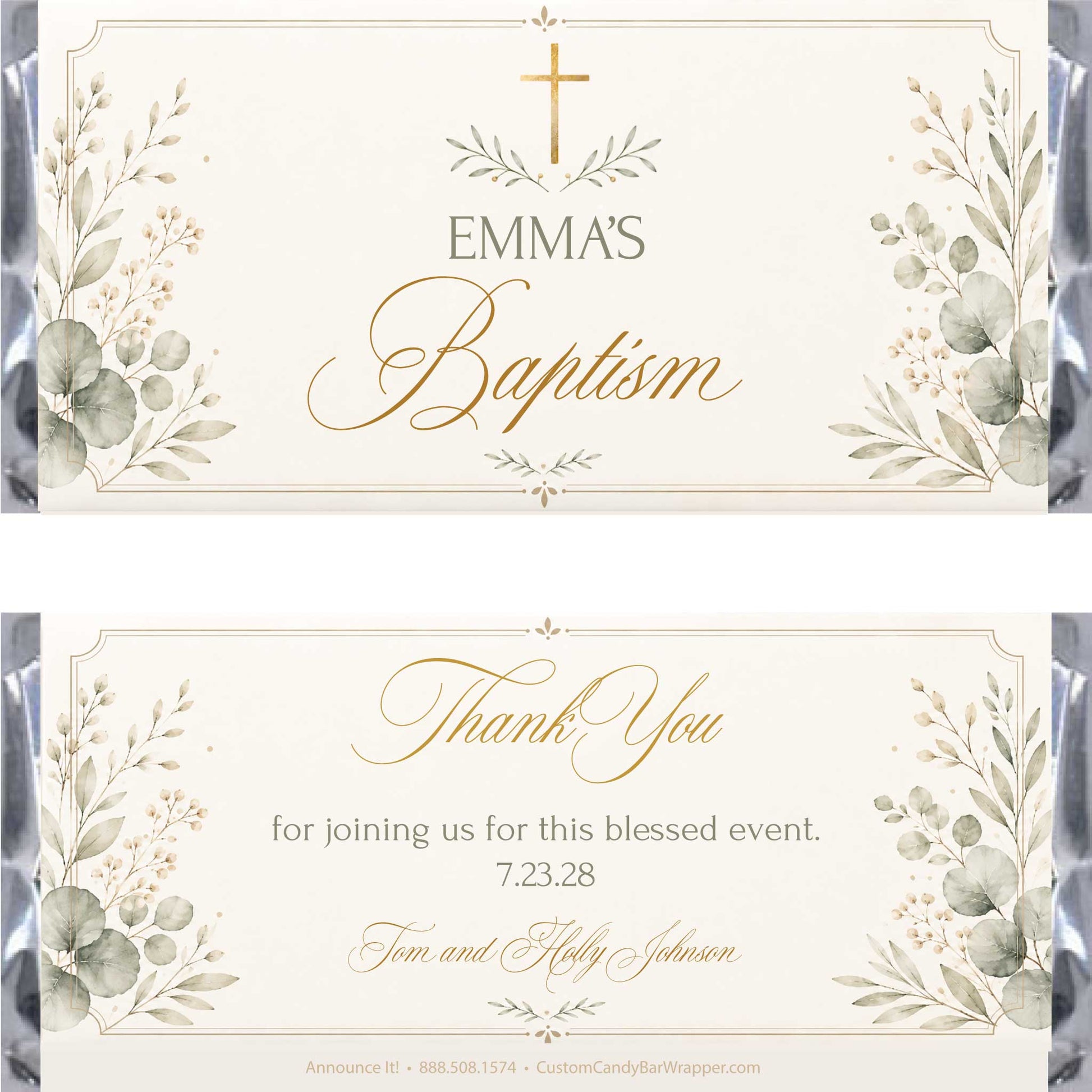 Front and back views of a personalized baptism candy wrapper. The cream-colored wrapper features elegant gold cursive text, a gold cross, and watercolor-style green and gray botanical illustrations on the sides.