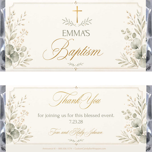 Front and back views of a personalized baptism candy wrapper. The cream-colored wrapper features elegant gold cursive text, a gold cross, and watercolor-style green and gray botanical illustrations on the sides.