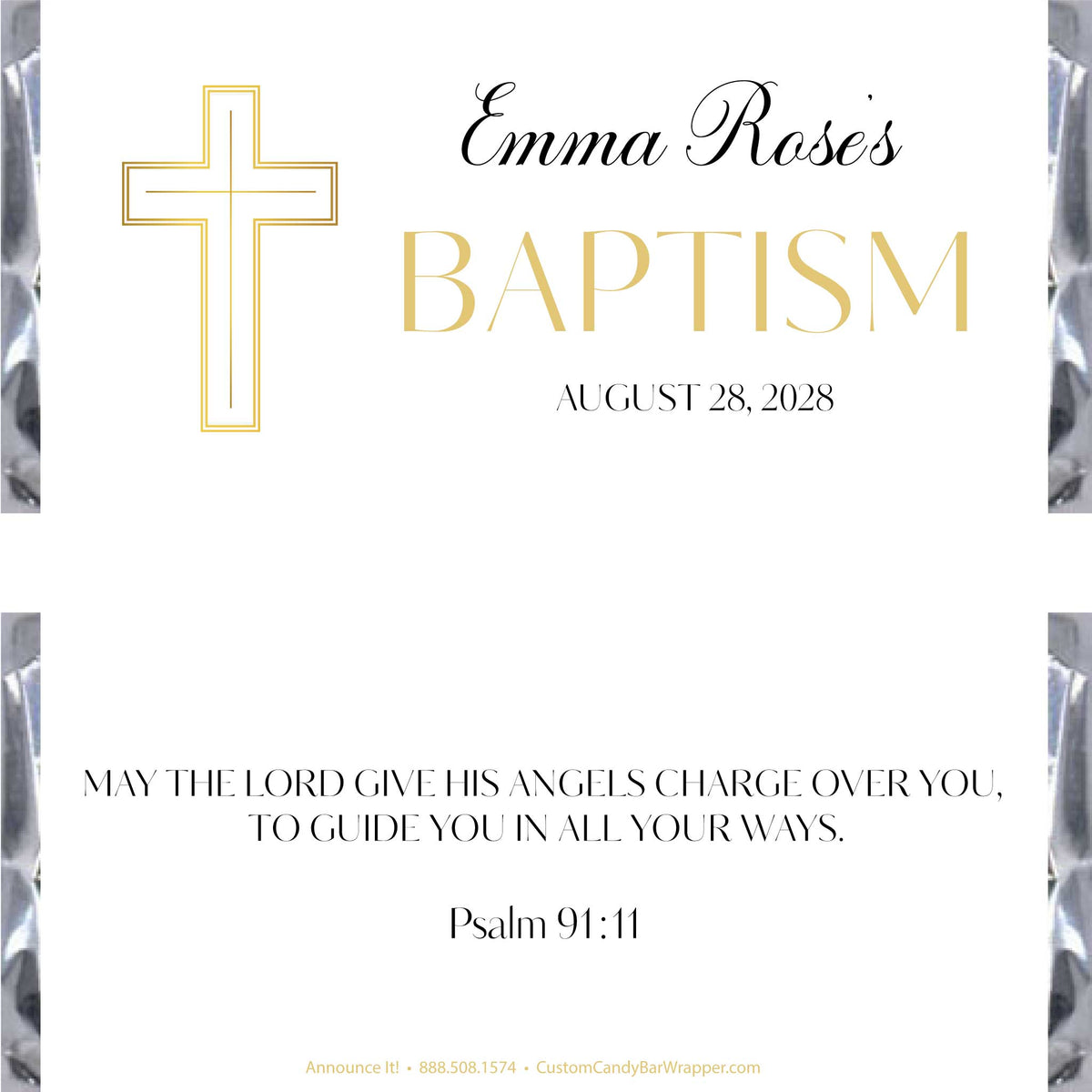 A digital preview of a baptism announcement card with a white background, featuring a gold outlined cross.