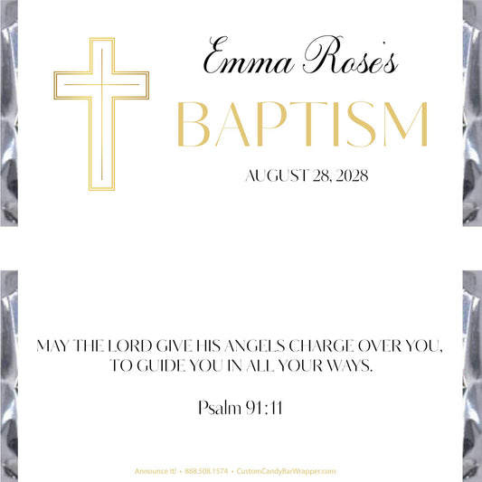 A digital preview of a baptism announcement card with a white background, featuring a gold outlined cross.