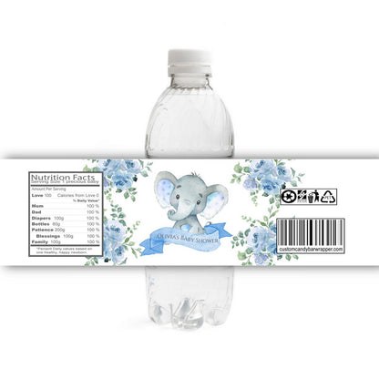Elephant Baby Shower Water Bottle Labels, Blue