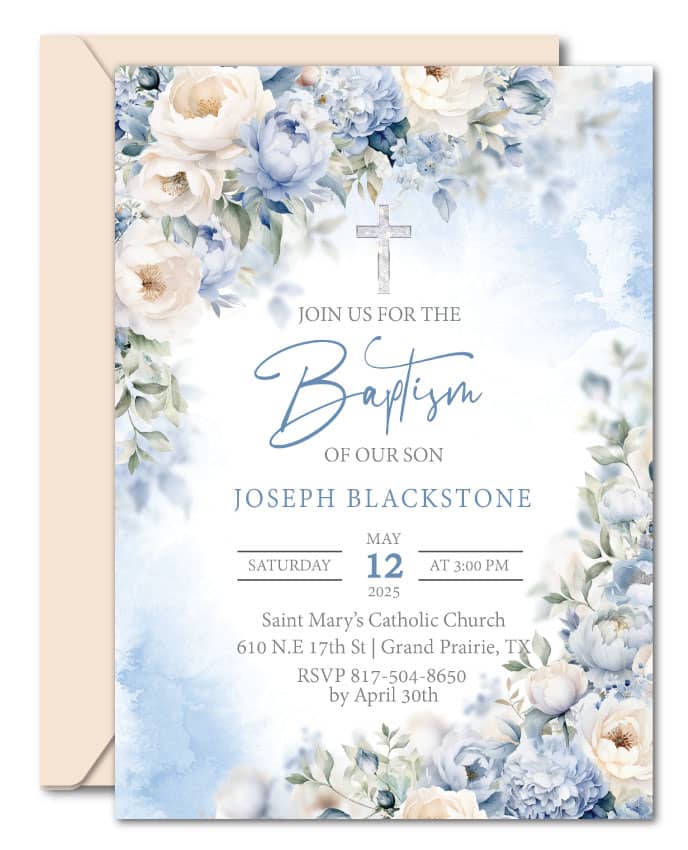 Blue Floral Baptism Invitations, Silver Cross