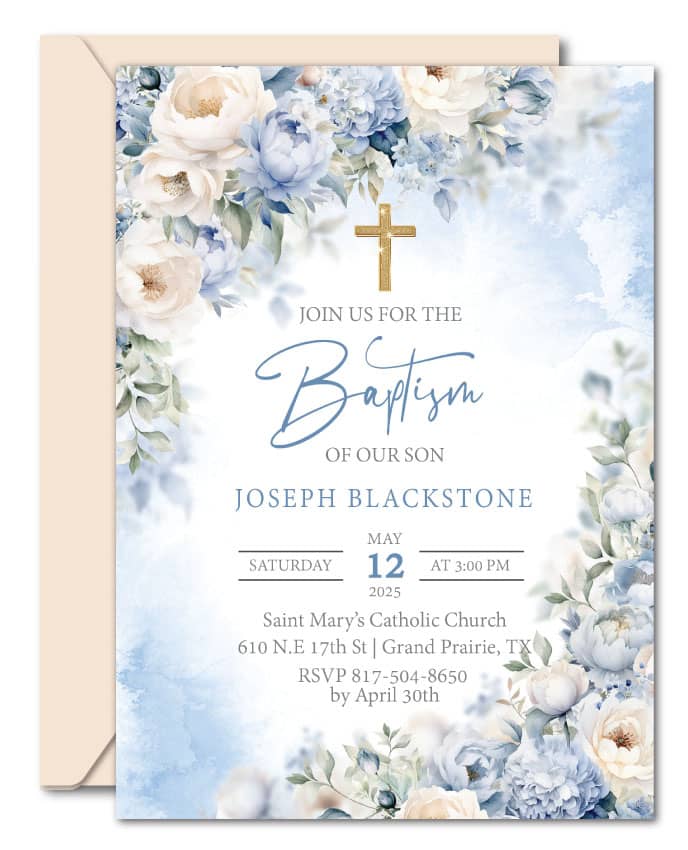 Blue Floral Baptism Invitations, Gold Cross