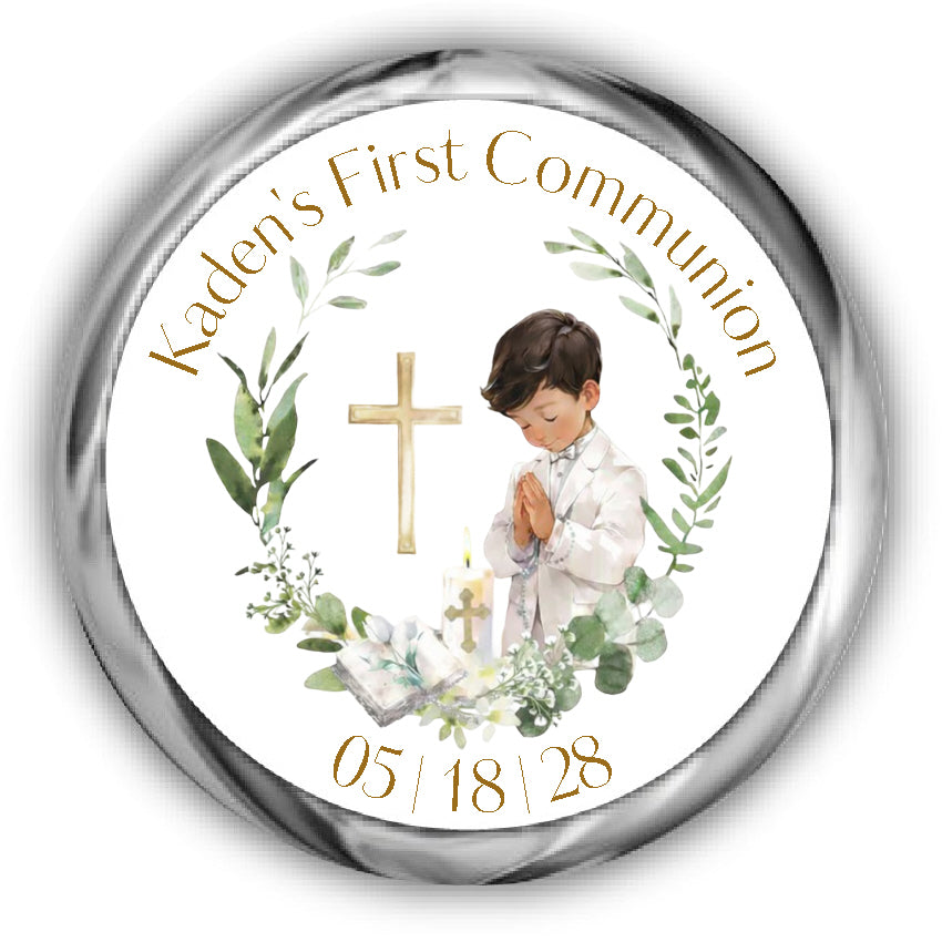 First Communion Kisses Stickers, boy with brunette hair and tan skin surrounded by a eucalyptus wreath, a bible, candle and cross.