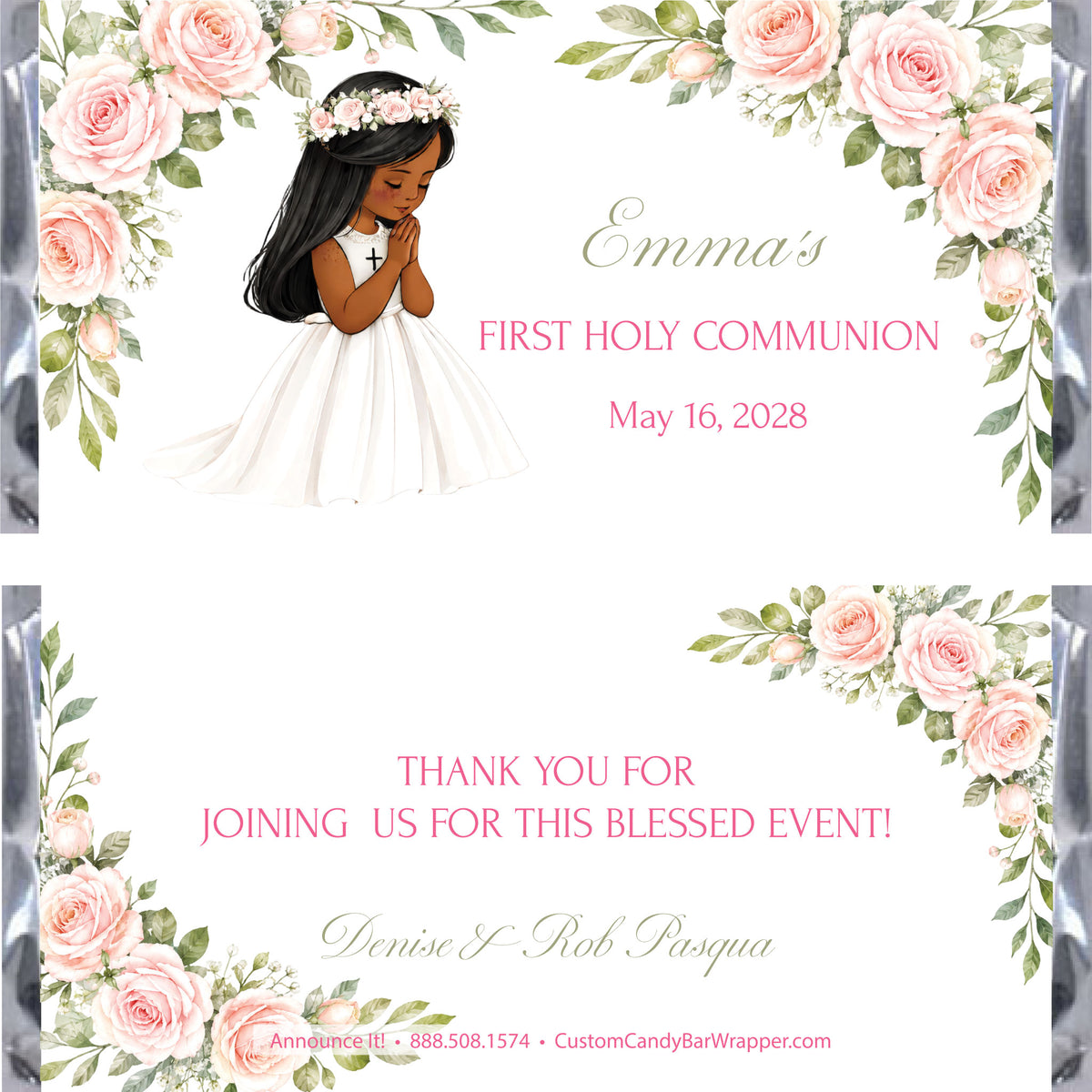A custom Holy Communion candy wrapper design featuring a watercolor illustration of a young girl with black hair and dark tan skin in a white dress with a flower crown, surrounded by pink roses and green leaves. 