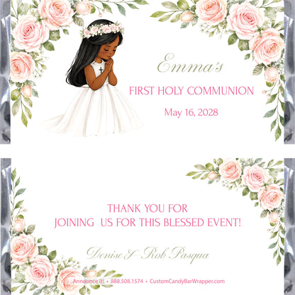 A custom Holy Communion candy wrapper design featuring a watercolor illustration of a young girl with black hair and dark tan skin in a white dress with a flower crown, surrounded by pink roses and green leaves. 