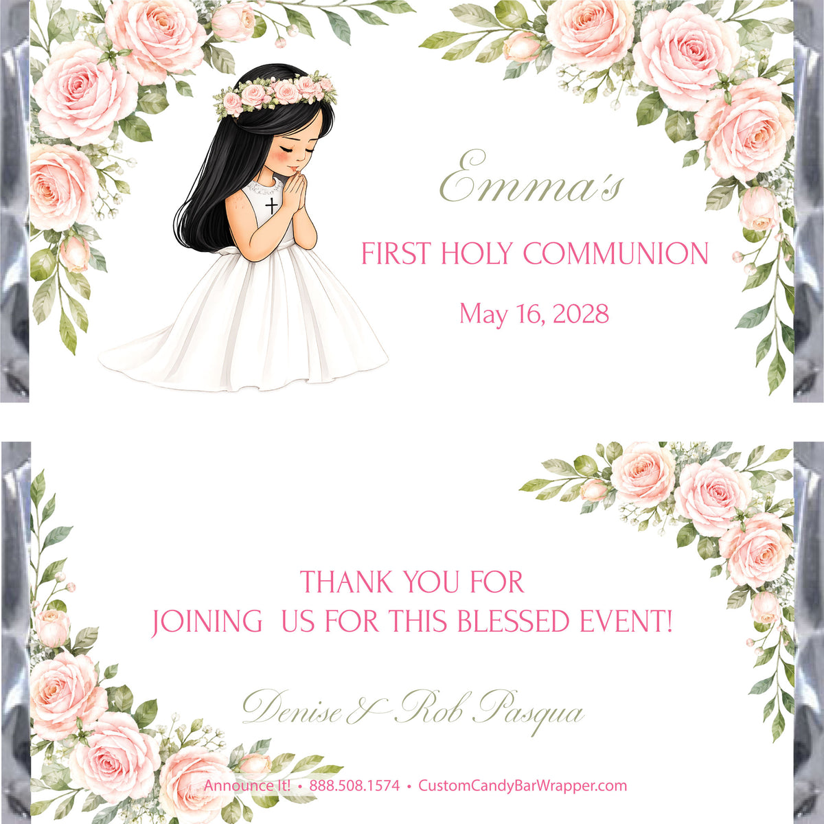 A custom Holy Communion candy wrapper design featuring a watercolor illustration of a young girl with black hair in a white dress with a flower crown, surrounded by pink roses and green leaves. 