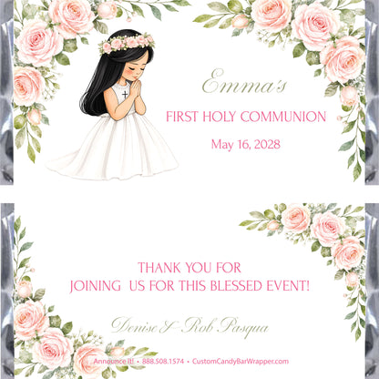 A custom Holy Communion candy wrapper design featuring a watercolor illustration of a young girl with black hair in a white dress with a flower crown, surrounded by pink roses and green leaves. 