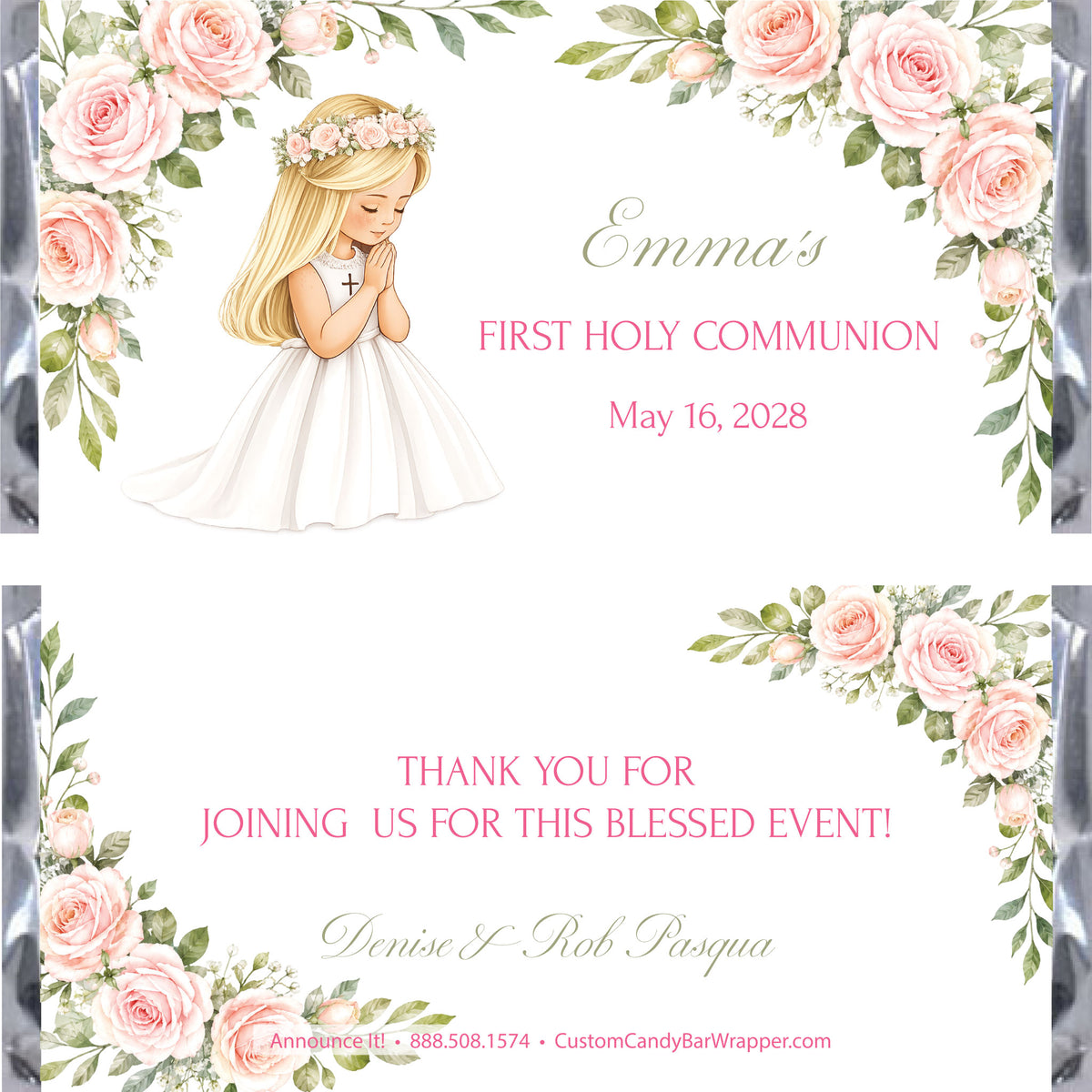 Custom Holy Communion candy bar wrapper design featuring a watercolor illustration of a praying Caucasian girl in a white dress, surrounded by pink roses and green leaves. 